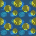 Seamless ink painted trees on blue background with circles