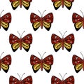 Seamless insect isolated pattern with red and yellow folk butterfly ornament. White background