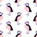 Seamless isolated pattern with cartoon pink and blue colored puffin birds funny kids print. White background