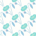 Seamless isolated pattern with hand drawn blue poppy silhouettes. White background. Stylized botanic print Royalty Free Stock Photo