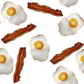 Seamless isolated watercolor american breakfast set fried eggs and bacon pattern on white background