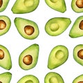 Seamless isolated watercolor avocado pattern on white background