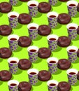 Seamless isometric 3d render pattern. Chocolate donuts and coffee cup. Minimal design. Donuts lover, Restaurant, bakery candy