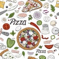 Seamless italian pizza pattern on white. Vector hand drawn colorful pizza background