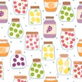 Seamless jam pattern with glass jars. Vector background with preserved fruits