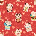 Seamless japanese maneki cats pattern. Lucky asian symbols, cartoon fun characters, kittens with raised paw hold coins Royalty Free Stock Photo