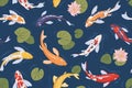 Seamless Japanese pattern with Asian koi fishes swimming in pond. Endless repeatable background with Chinese garden