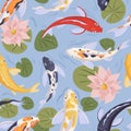 Seamless Japanese pattern with Asian koi fishes swimming in water. Endless repeatable background with traditional Japan