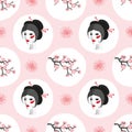 Seamless Japanese pattern with portrait of woman and cherry blossoms Royalty Free Stock Photo