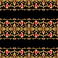 Seamless jewelry border. Golden scrolls and ruby