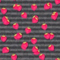 Seamless juicy strawberry pattern on a grey striped background with hand drawn strawberry shapes. Bright and tasty berry