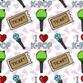 Seamless K-Pop concert fan lightstick and ticket vector pattern with geometric background Royalty Free Stock Photo