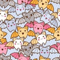 Seamless kawaii cartoon pattern with cute bats