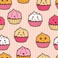 Seamless kawaii cartoon pattern with cute cupcakes