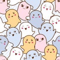 Seamless kawaii cartoon pattern with cute ghosts