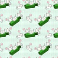 Seamless kawaii cat characters and green candlestick on chart background pattern