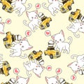 Seamless kawaii cat with small yellow car pattern Royalty Free Stock Photo
