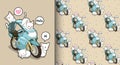 Seamless kawaii cats and blue motorcycle pattern