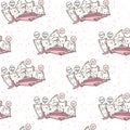 Seamless kawaii cats is dragging a big fish pattern