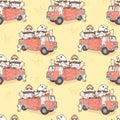 Seamless kawaii cats and panda fire fighter on fire truck pattern