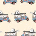 Seamless kawaii cats and panda on motor tricycle pattern Royalty Free Stock Photo