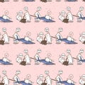 Seamless kawaii fisherman cats is dragging a fish pattern Royalty Free Stock Photo