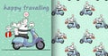 Seamless kawaii panda and cats with a motorcycle in holiday