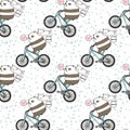 Seamless kawaii panda is riding a bicycle with a cat pattern