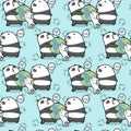 Seamless kawaii pandas and cat loves the world pattern