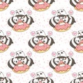 Seamless kawaii pandas character with pink doughnut pattern