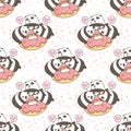 Seamless kawaii pandas character with pink doughnut pattern