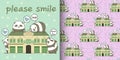 Seamless kawaii pandas with a historic building pattern