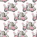 Seamless kawaii pandas and pink motorcycle pattern Royalty Free Stock Photo