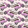 Seamless kawaii 3 pandas is riding motorcycle pattern