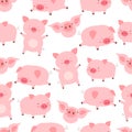 Seamless kawaii pattern cheerful little cute pigs, in different poses, in white background. Funny cartoon animals vector