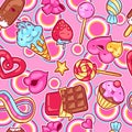 Seamless kawaii pattern with sweets and candies. Crazy sweet-stuff in cartoon style Royalty Free Stock Photo