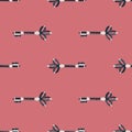 Seamless key door ornament doodle pattern. Vintage minimalistic sketch with victorian black and white elements. Pink background