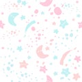 Seamless kiddish pattern. Pink and blue stars and moon. Modern baby illustration Royalty Free Stock Photo