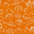 Seamless kids faces and toys pattern background