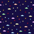 Seamless kids pattern on blue background.Space adventure. Starry sky with planes. Royalty Free Stock Photo