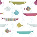 Seamless pattern with cute hand drawn fishes and air bubbles.