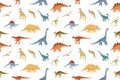 Seamless kids pattern with different dinosaurs on white background. Endless texture with dinos of Jurassic park and