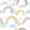 Seamless kids pattern with doodle pastel rainbows, hearts, dots and clouds