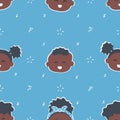 Seamless kids pattern with funny baby heads. Smiling black children on blue background