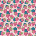 Seamless kids style summer pattern with hand drawn pink strawberries turquoise leaves on pastel background. Fabric textile