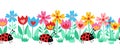 Seamless kids vector border ladybugs and flowers. Cute floral animal repeating horizontal pattern. Summer background children