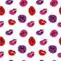Seamless kissing pattern, hand-drawn doodle. World Kiss Day. July 6. Kisses of different colors. Lip prints of different