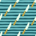 Seamless kitchen pattern with knife silhouettes. Blue stripped background. Dishware hand drawn backdrop