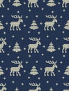 Seamless knitted pattern with deers, fir trees and snowflakes on a blue background Royalty Free Stock Photo