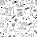 Seamless knitting and embroidery pattern. Sewing elements, threads and knitting needles, scissors and needles, hands